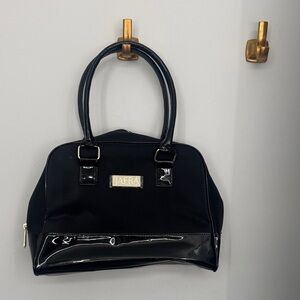 JAFRA Black Satchel with Patent Trim and Gold Plaque